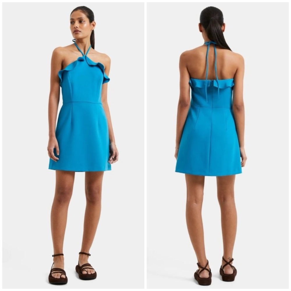 New French Connection Whisper Ruth Ruffle Halter
Neckโ Dress Mosaic BLue Size 12